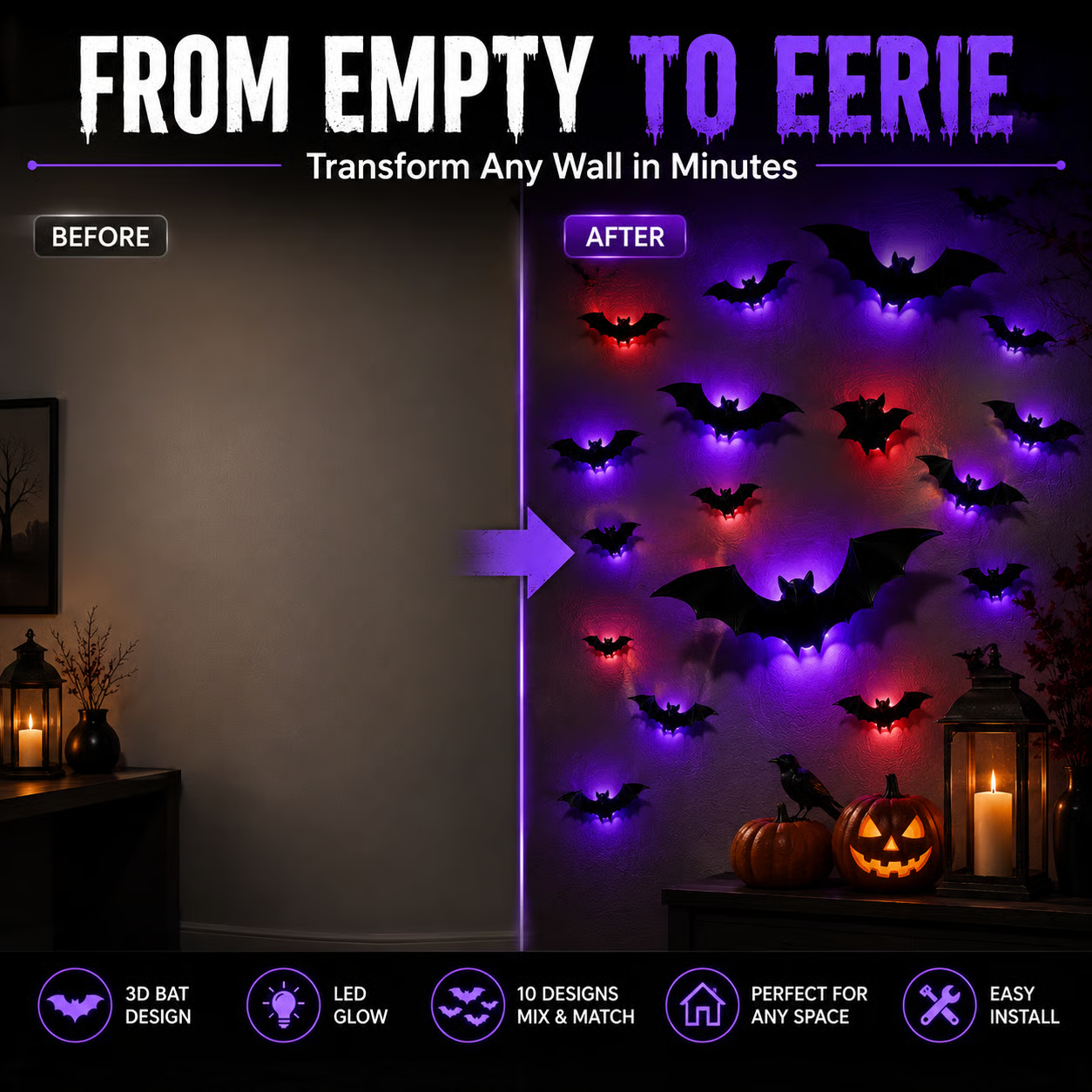 🦇 TURN YOUR WALL INTO A BAT SWARM 3D Wings + Flashing LED Lights — Instant Halloween Magic
