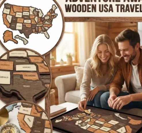 🔥Last Day 49% OFF -🇺🇸 Wooden USA Travel Map Puzzle🧩A Stylish Way to Track Your Journey